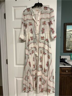 Tory Burch White Maxi Dress with Red & Green Floral Print